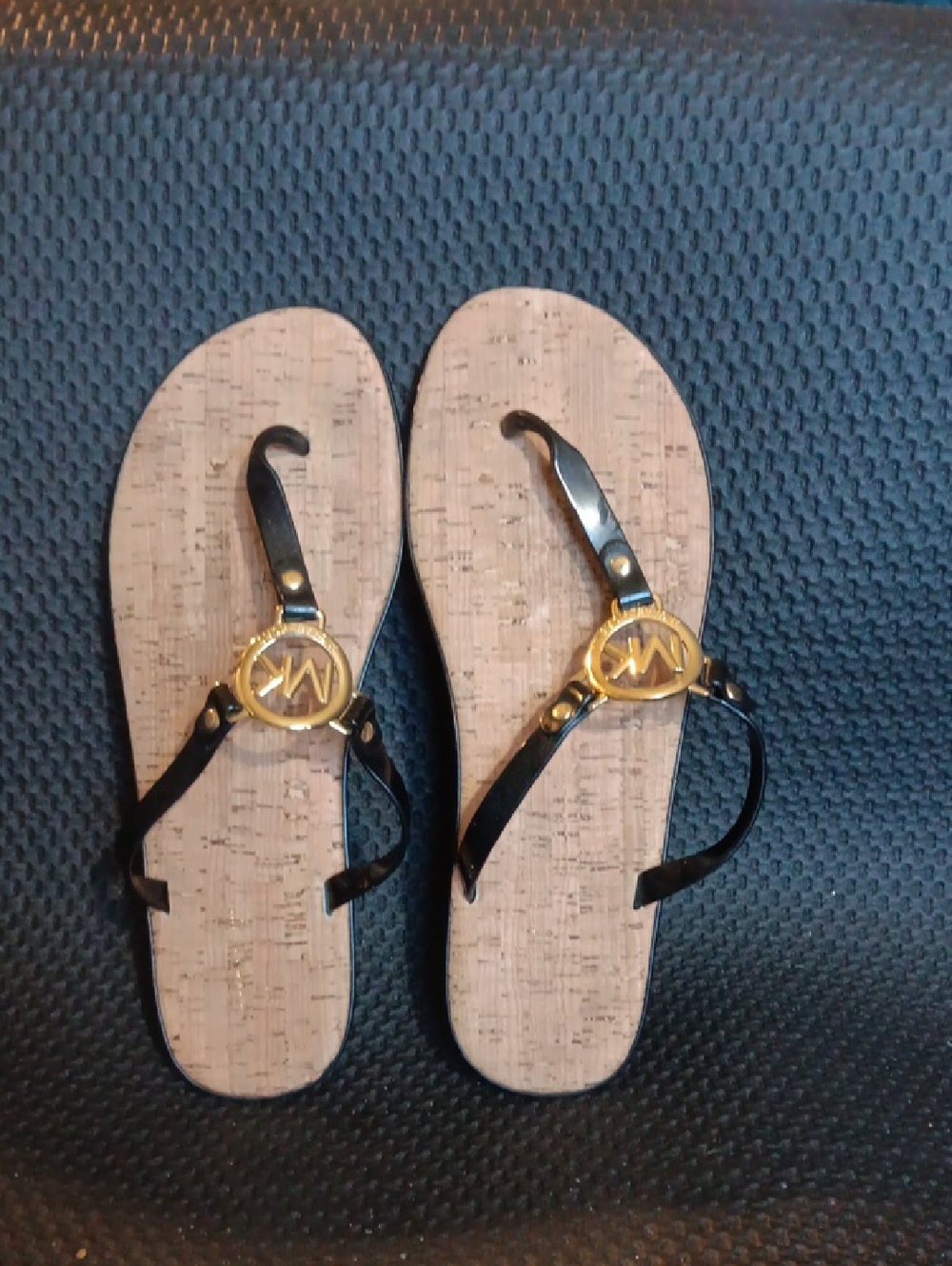 Michael Kors Black and Gold Cork-Style Flip Flops